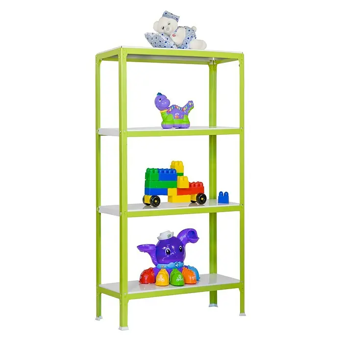 Simonrack Simonhome Metallregal Click Metall Mini - H x B x T: 160 x 80 x 30 cm, Traglast pro Boden: 150 kg, Anzahl Böden: 4 Stk., Stecken, Grün/Weiß - Ein 4-stöckiges Regal mit grünem Rahmen und Spielzeug auf den weißen Ablagen.