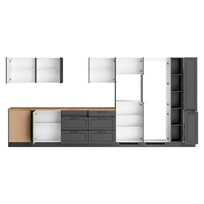 Held Möbel Küchenleerblock Padua Typ 4 - Breite: 420 cm, Grau, Ohne Elektrogeräte - Moderne Küchenschränke in Grau und Holz, teilweise offen, mit weißen Innenregalen.