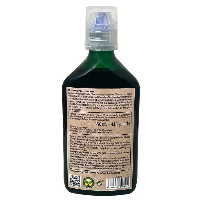 Schacht Pflanzenarzt Flüssigdünger Green Power Neem - 350 ml - Dunkelgrüne Flasche Pflanzenarzt Green Power Neem Flüssigdünger mit weißer Messkappe.