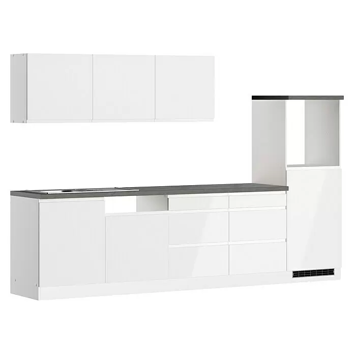 Held Möbel Küchenleerblock Treviso Typ 1 - Breite: 300 cm, Weiß, Dekor Arbeitsplatte: Betonoptik, Ohne Elektrogeräte, Für Side-by-Side Kühlschrank - Moderne weiße Küchenzeile mit dunkelgrauer Arbeitsplatte, Spüle, Ober- und Unterschränken sowie einem Hochschrank.