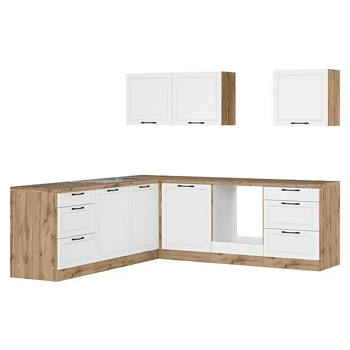 Held Möbel Küchenleerblock Padua Typ 2 - 240 x 240 cm, Weiß, Ohne Elektrogeräte - L-förmige Küchenzeile mit weißen Schränken, dunklen Griffen und Holzmaserung-Arbeitsplatte. Mit Spüle und Gerätestellplatz.