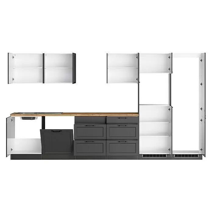 Held Möbel Küchenleerblock Padua - Breite: 360 cm, Farbe Front: Grau, Ohne Elektrogeräte, Für Einbaukühlschrank - Modulare Küchenzeile mit anthrazitfarbenen Unterschränken, weißen Oberschränken und einer Holz-Arbeitsplatte mit Spüle und Kochfeld.