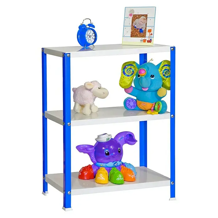 Simonrack Simonhome Metallregal Classic Mini - H x B x T: 90 x 80 x 40 cm, Traglast pro Boden: 100 kg, Anzahl Böden: 3 Stk., Schrauben, Blau/Weiß - Dreistufiges Bücherregal mit blauen Beinen und Spielzeug. Ideale Aufbewahrungslösung für Kinderzimmer, die Ordnung und Spaß vereint.