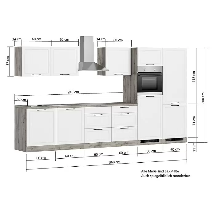 Held Möbel Küchenzeile Padua Typ 2 - Breite: 360 cm, Grau, Mit Elektrogeräten, Induktionskochfeld - L-förmige Einbauküche in Weiß und Holzoptik, mit Schränken, Schubladen und integrierten Geräten.