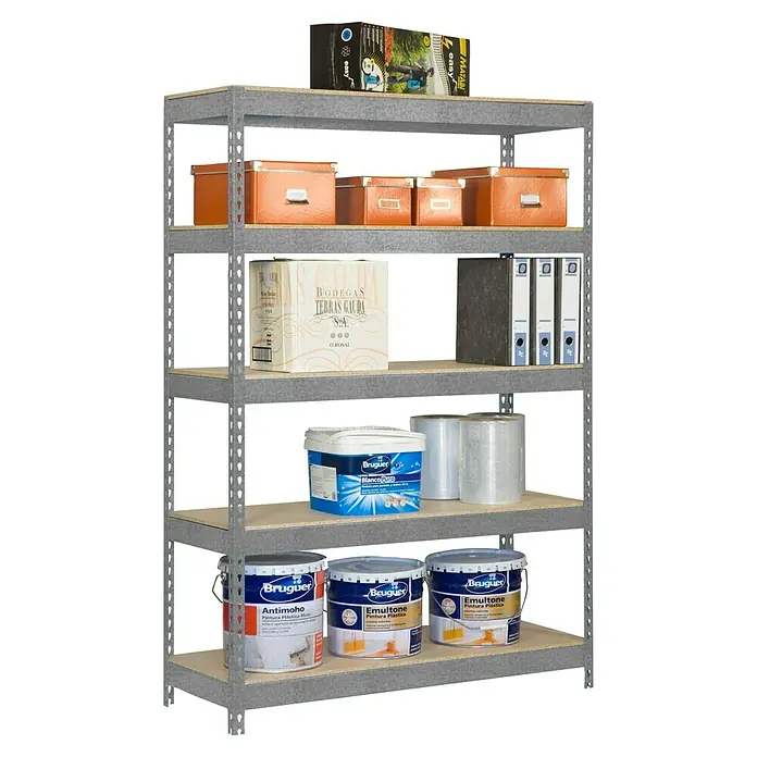 Simonrack Bricoforte Estantería para cargas pesadas Metal - Al x An x Pr: 200 x 100 x 60 cm, Capacidad de carga por balda: 300 kg, Número de baldas: 5 ud., Inserción, Gris grafito - Una estantería con varios productos como cubos de pintura, cajas y cartones. Perfecto para el taller o el sótano.