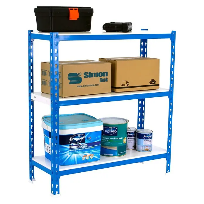 Simonrack Simonclick Metallregal Simonclick Plus - H x B x T: 90 x 100 x 30 cm, Traglast pro Boden: 180 kg, Anzahl Böden: 3 Stk., Stecken, Blau/Weiß - Regal mit Werkzeugkasten, Kartons und Farbeimern. Ideal für Garage, Keller oder Abstellraum. Praktische Aufbewahrungslösung.