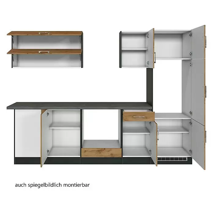 Held Möbel Winkelküche Barolo Typ 7 - B x T: 270 x 210 cm, Farbe Front: Wotaneiche, Graphitgrau, Ohne Elektrogeräte - L-förmige Küchenzeile in Dunkelgrau, Holzoptik und Weiß. Mit offenen Schränken, Schublade, spiegelbildlich montierbar.