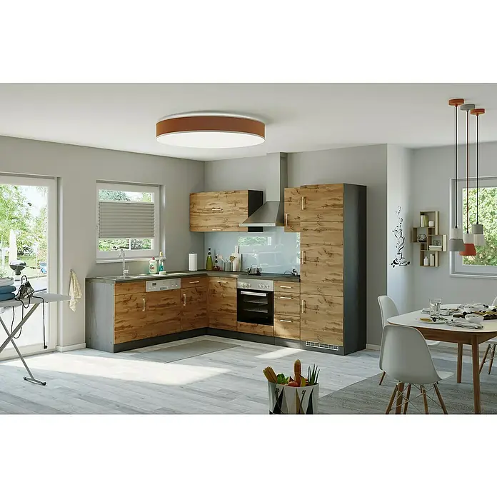 Held Möbel Winkelküche Barolo Typ 7 - B x T: 270 x 210 cm, Farbe Front: Wotaneiche, Graphitgrau, Ohne Elektrogeräte - Helle Küche mit modernen Holzschränken, Esstisch und Deckenleuchte für gemütliche Atmosphäre und funktionales Design.