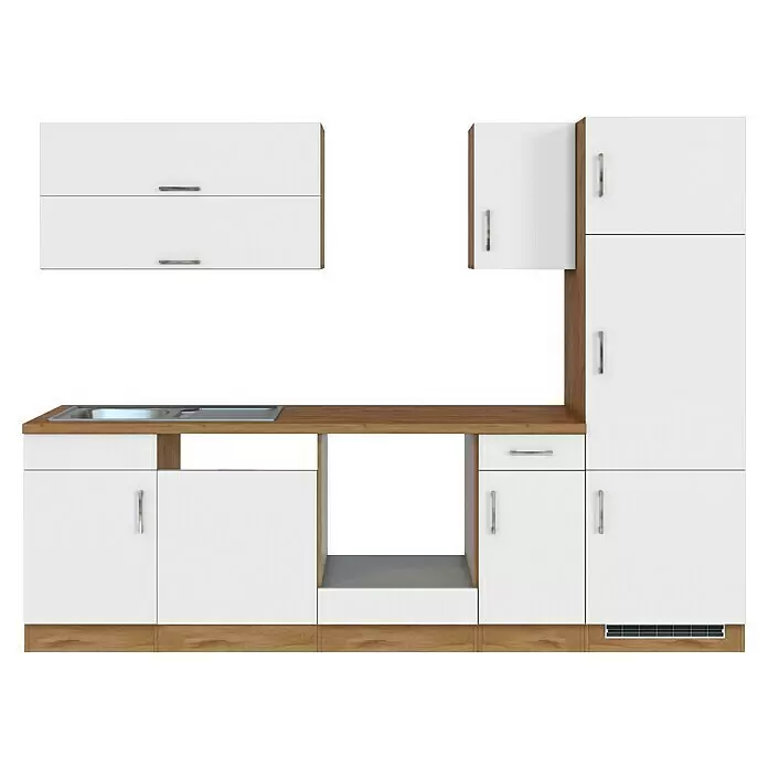 Held Möbel Küchenleerblock Barolo Typ 4 - Breite: 270 cm, Weiß, Farbe Korpus: Wotaneiche, Ohne Elektrogeräte - Moderne weiße Küchenzeile mit hellen Holzelementen, Spüle und Stauschränken.