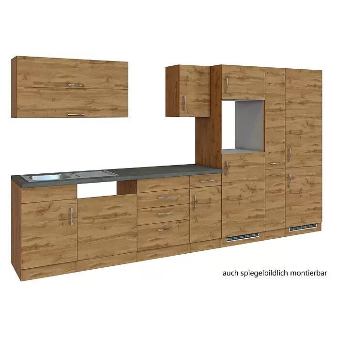 Held Möbel Küchenleerblock Barolo Typ 1 - Breite: 360 cm, Wotaneiche, Ohne Elektrogeräte, Wotaneiche - Hellbraune Einbauküche in Holzoptik mit dunkelgrauer Arbeitsplatte, Spüle, Ober- und Unterschränken und hohem Geräteschrank.