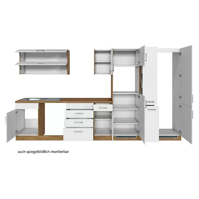 Held Möbel Küchenleerblock Barolo Typ 1 - Breite: 360 cm, Weiß, Ohne Elektrogeräte, Wotaneiche - Weiße Küchenzeile mit Holzdekor, Spüle, Schubladen und Schränken, spiegelbildlich montierbar.