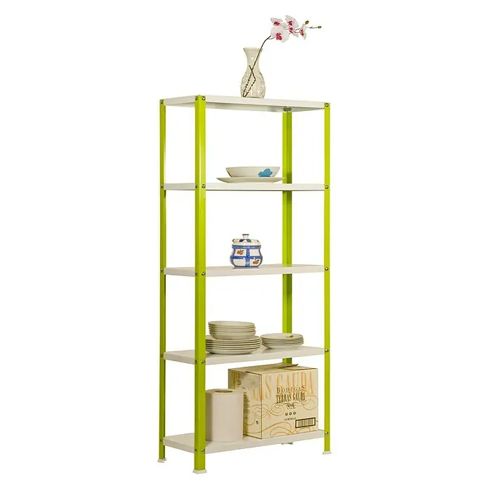 Simonrack Simonhome Metallregal Classic Mini - H x B x T: 180 x 80 x 30 cm, Traglast pro Boden: 100 kg, Anzahl Böden: 5 Stk., Schrauben, Grün/Weiß - Regal mit fünf Ablagen und verschiedenen Gegenständen darauf, einschließlich Geschirr, einer Vase mit Blumen und einer Kiste.