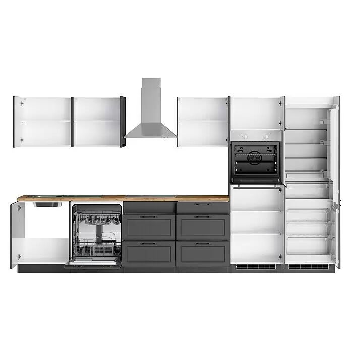 Held Möbel Küchenzeile Padua Typ 2 - Breite: 360 cm, Grau, Mit Elektrogeräten, Induktionskochfeld - Moderne Küche mit grauen Unterschränken, Holzplatte, weißen Oberschränken und integrierten Edelstahlgeräten, teilweise geöffnet.