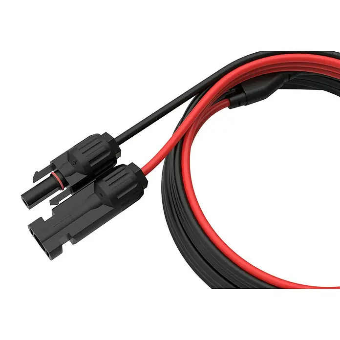 EcoFlow Solarkabel XT60I-Stecker & MC4-Solarstecker - 0% MwSt. (gem. § 12 Abs. 3 UStG) - 3,5 m, 4 mm² - Nahaufnahme von MC4-Steckverbindern und Kabeln, die in Solaranlagen verwendet werden. Rot und Schwarz für Plus und Minus.