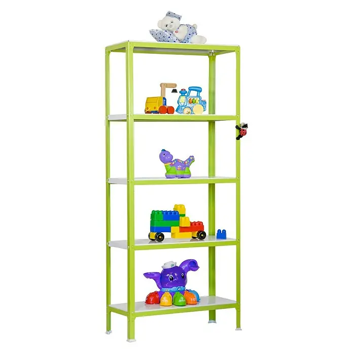 Simonrack Simonhome Metallregal Click Metall Plus - H x B x T: 180 x 100 x 30 cm, Traglast pro Boden: 150 kg, Anzahl Böden: 5 Stk., Stecken, Grün/Weiß - Spielzeugregal mit fünf Ablagen, gefüllt mit verschiedenen Spielsachen, darunter Teddybär, Zug und Bausteine.