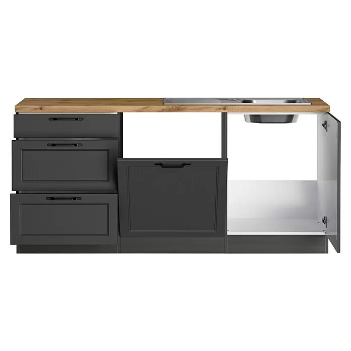 Held Möbel Küchenleerblock Padua Typ 2 - 240 x 360 cm, Grau, Ohne Elektrogeräte - Dunkelgrauer Küchenspülenunterschrank mit Holzplatte, Edelstahlspüle, Schubladen und offenen Schranktüren.