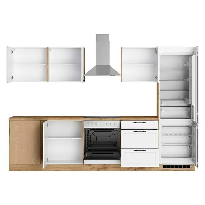 Held Möbel Winkelküche Padua Typ 3 - B x T: 300 x 240 cm, Weiß, Mit Elektrogeräten - Moderne Küchenzeile mit Holz-Optik und weißen Schränken, Einbauofen, Kochfeld, Dunstabzugshaube und offenem Kühlschrank.