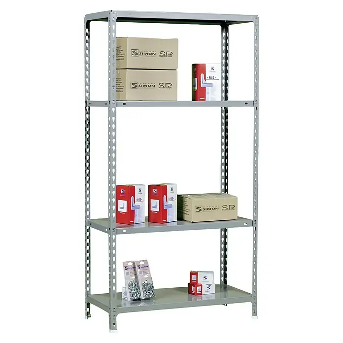 Simonrack Simonclick Estantería metálica Ecoclick Mini - Al x An x Pr: 160 x 80 x 40 cm, Capacidad de carga por balda: 70 kg, Número de baldas: 4 ud., Inserción, Gris - Imagen de una estantería metálica gris de cuatro niveles llena de diversos productos de la marca SIMON, presentados de forma ordenada.