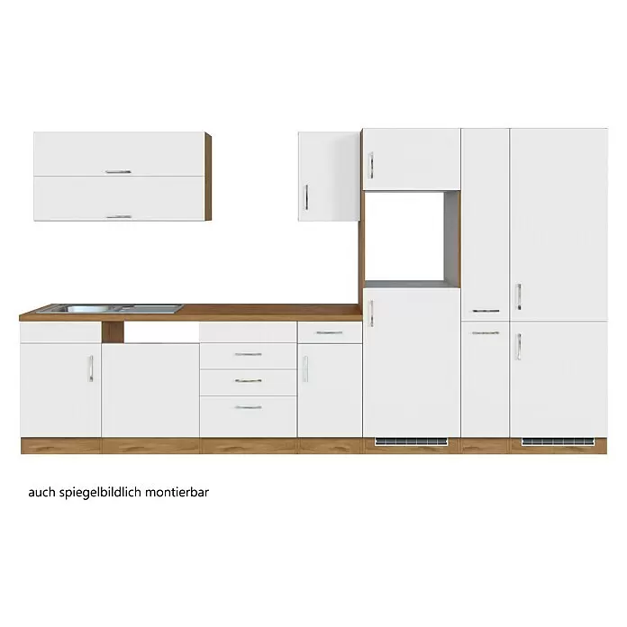 Held Möbel Küchenleerblock Barolo Typ 1 - Breite: 360 cm, Weiß, Ohne Elektrogeräte, Wotaneiche - Weiße Küchenzeile mit Arbeitsplatte und Akzenten in Holzoptik, Spüle, Schränken, Schubladen und Gerätenische.