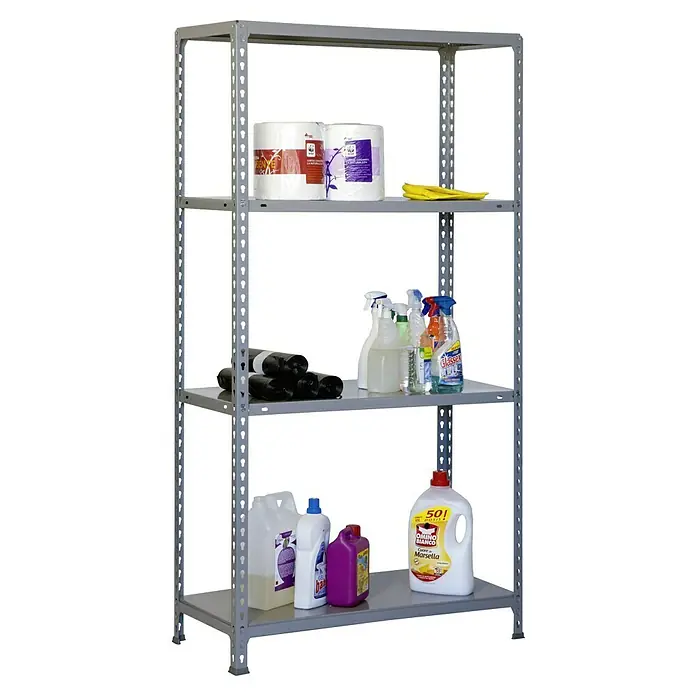 Simonrack Simonclick Metallregal Ecoclick Mini - H x B x T: 160 x 80 x 30 cm, Traglast pro Boden: 70 kg, Anzahl Böden: 4 Stk., Stecken, Grau - Lagerregal mit vier Ebenen voller Reinigungsmittel und Papierrollen, ideal für Ordnung und Übersicht im Haus.