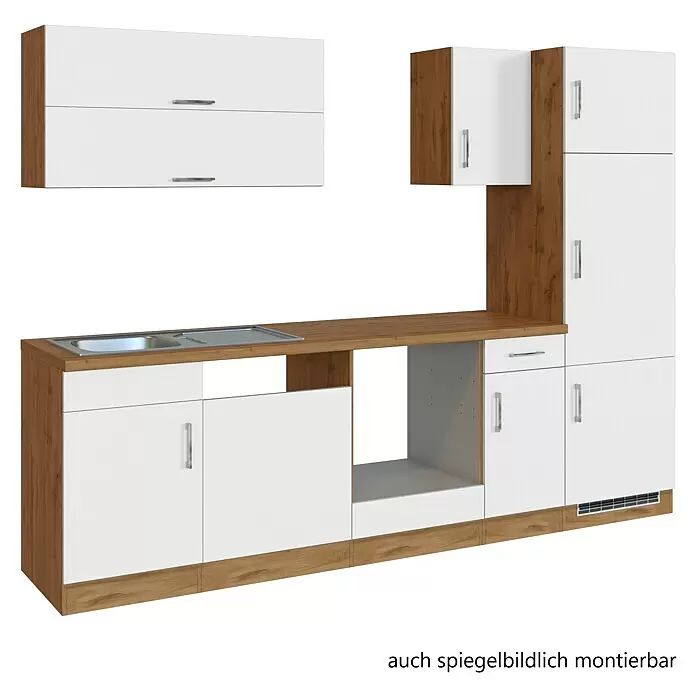 Held Möbel Küchenleerblock Barolo Typ 4 - Breite: 270 cm, Weiß, Farbe Korpus: Wotaneiche, Ohne Elektrogeräte - Modulare Küchenzeile mit weißen Fronten und brauner Holzoptik-Arbeitsplatte, Spüle, Schränken und Schubladen.