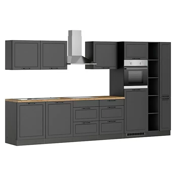 Held Möbel Küchenzeile Padua Typ 1 - Breite: 360 cm, Grau, Induktionskochfeld, Mit Elektrogeräten - Dunkelgraue modulare Küchenschränke mit heller Holzplatte, integriertem Edelstahlbackofen, Kochfeld, Spüle und Dunstabzugshaube.