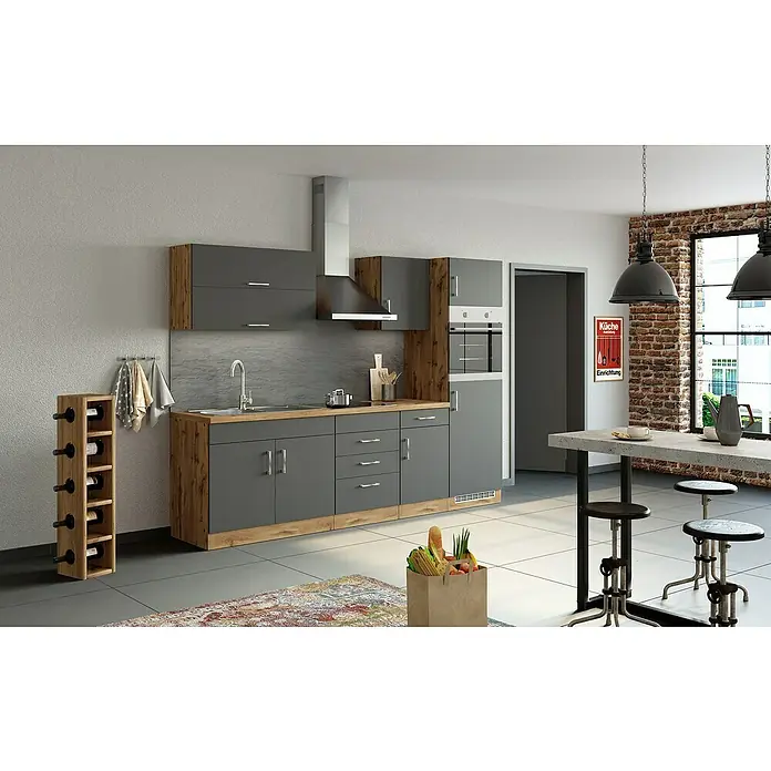Held Möbel Küchenzeile Barolo Typ 7 - Breite: 270 cm, Farbe Front: Anthrazit, Wotaneiche, Mit Elektrogeräten - Moderne Küche in Grau und Holzoptik mit Küchenzeile, Hängeschränken und Esstisch mit Barhockern für ein stilvolles Ambiente.