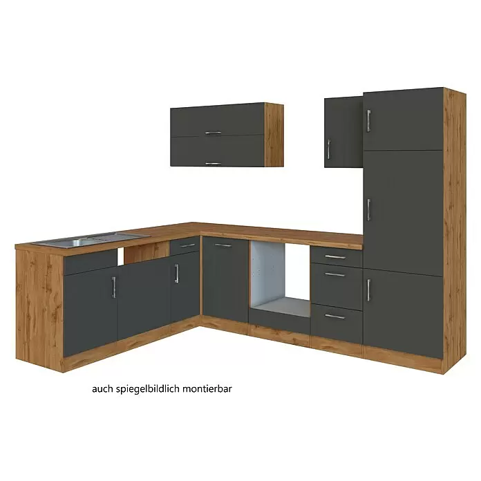 Held Möbel Winkelküche Barolo Typ 7 - B x T: 270 x 210 cm, Farbe Front: Anthrazit, Wotaneiche, Ohne Elektrogeräte - L-förmige Küchenzeile mit dunkelgrauen Fronten und hellbrauner Holzoptik-Arbeitsplatte und Seitenwänden, inklusive Spüle und Hochschrank.