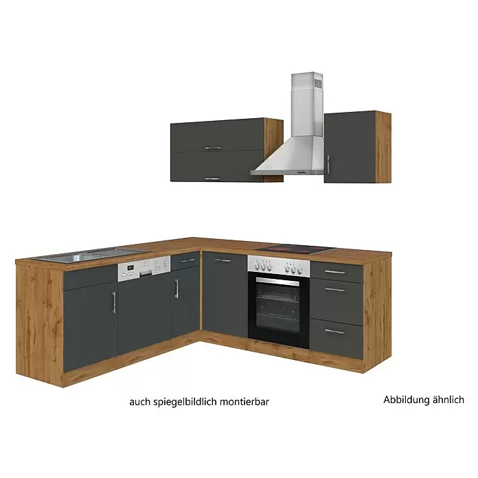 Held Möbel Winkelküche Barolo Typ 3 - B x T: 210 x 210 cm, Anthrazit, Wotaneiche, Mit Elektrogeräten - Eckküchenzeile mit dunkelgrauen Fronten und Holzoptik-Elementen, inklusive Spüle, Geschirrspüler, Kochfeld, Backofen und Dunstabzugshaube.