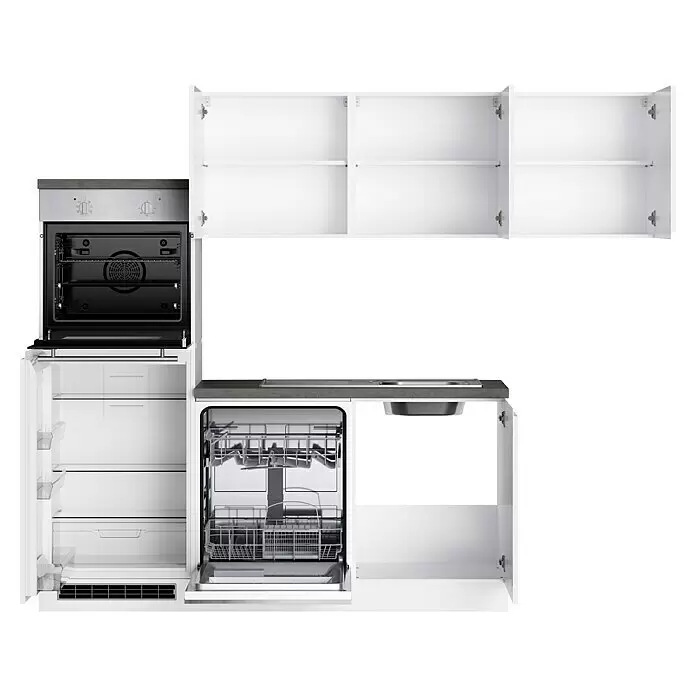 Held Möbel Winkelküche Treviso Typ 3 - B x T: 240 x 240 cm, Weiß, Dekor Arbeitsplatte: Betonoptik, Cerankochfeld, Mit Elektrogeräten - Integrierte Küche mit Edelstahl-Backofen, Kühlschrank, Geschirrspüler, Spüle und offenen weißen Schränken.