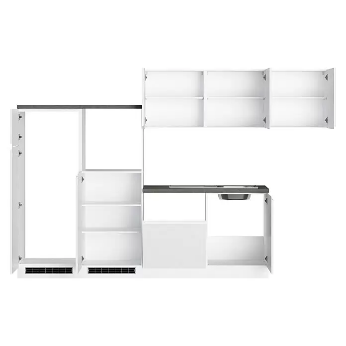 Held Möbel Küchenleerblock Treviso - 240 x 300 cm, Weiß, Dekor Arbeitsplatte: Betonoptik, Ohne Elektrogeräte, Für Einbaukühlschrank - Weiße modulare Küchenschränke mit offenen Fächern, dunkler Arbeitsplatte und Spüle.