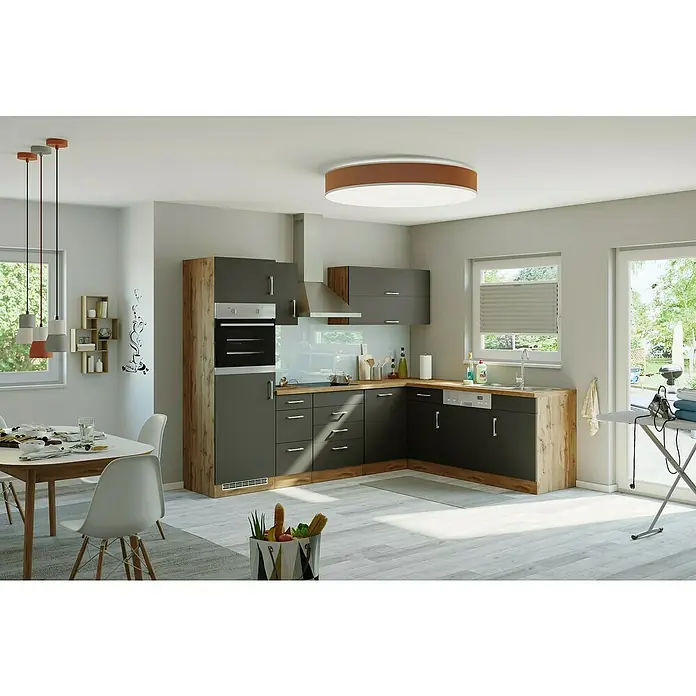 Held Möbel Winkelküche Barolo Typ 8 - B x T: 270 x 210 cm, Anthrazit, Wotaneiche, Ohne Elektrogeräte - Moderne Küche in Grau- und Holztönen mit Esstisch und passender Beleuchtung. Die Küchenzeile bietet viel Stauraum und Arbeitsfläche.