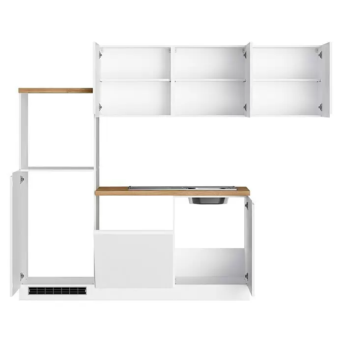 Held Möbel Küchenleerblock Treviso - L x B: 240 x 240 cm, Weiß, Dekor Arbeitsplatte: Holzoptik, Ohne Elektrogeräte, Für Einbaukühlschrank - Weiße Küchenzeile mit heller Holzplatte. Offene Ober- und Unterschränke, integrierte Spüle und Lüftung.