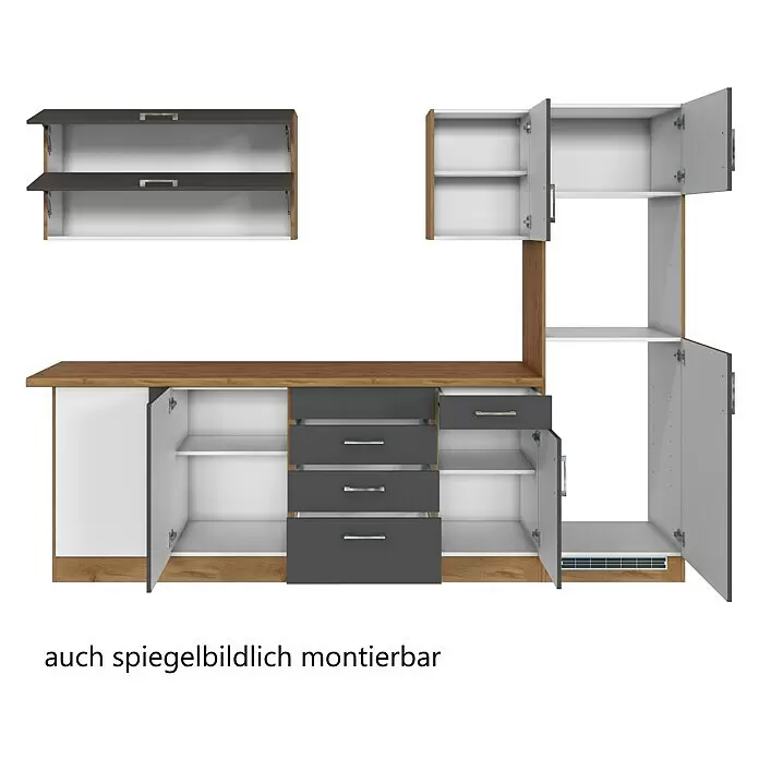 Held Möbel Winkelküche Barolo Typ 8 - B x T: 270 x 210 cm, Anthrazit, Wotaneiche, Ohne Elektrogeräte - Modulares Küchen-/Hauswirtschaftsschrank-System in Holzoptik, Dunkelgrau und Weiß, mit Schubladen und Regalen, spiegelbildlich montierbar.