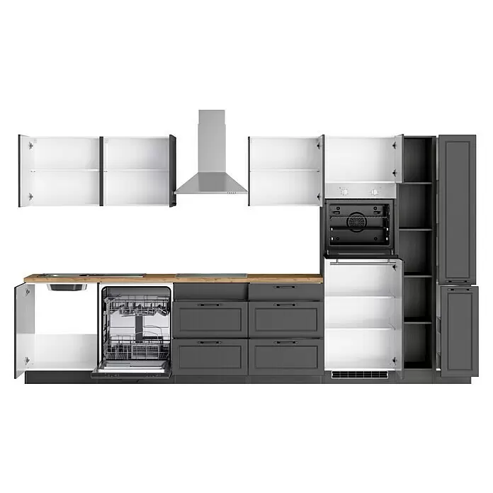 Held Möbel Küchenzeile Padua Typ 1 - Breite: 360 cm, Grau, Induktionskochfeld, Mit Elektrogeräten - Moderne Küche mit dunkelgrauen und weißen Schränken, Holzoptik-Arbeitsplatte, Einbaubackofen, offener Spülmaschine, Spüle und Dunstabzugshaube.
