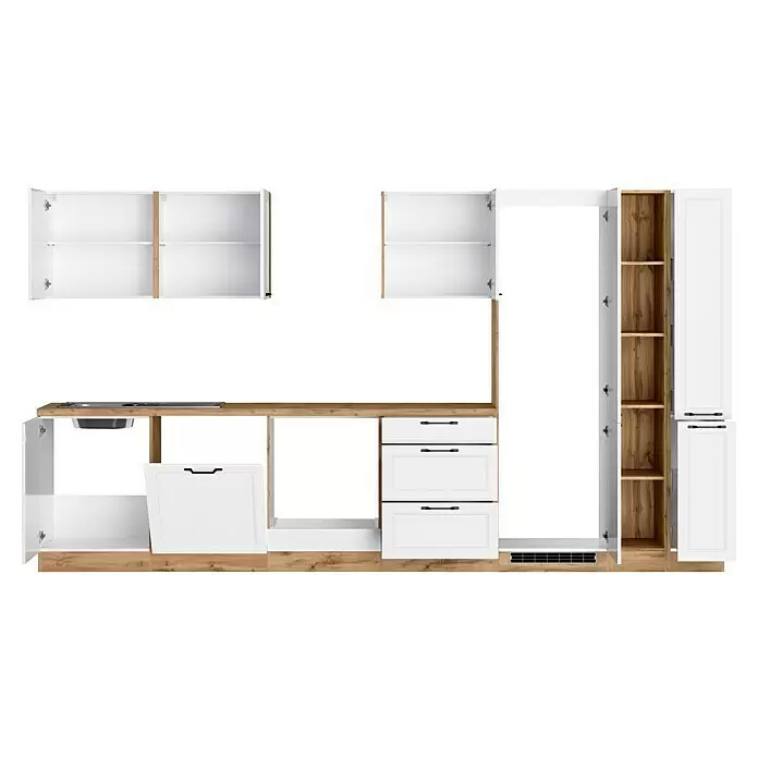 Held Möbel Küchenleerblock Padua - Breite: 360 cm, Weiß, Ohne Elektrogeräte, Für Einbaukühlschrank - Modulare weiße Küchenschrank-Garnitur mit Holzakzenten, inklusive Ober- und Unterschränken, Spüle, Schubladen und hohem Schrank, teils offene Türen.