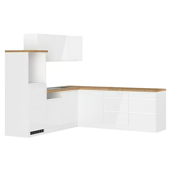 Held Möbel Küchenleerblock Treviso - L x B: 240 x 240 cm, Weiß, Dekor Arbeitsplatte: Holzoptik, Ohne Elektrogeräte, Für Einbaukühlschrank - L-förmige weiße Küchenschränke mit heller Holz-Arbeitsplatte und integriertem Spülbecken.