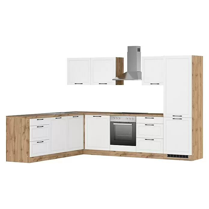Held Möbel Winkelküche Padua Typ 3 - B x T: 300 x 240 cm, Weiß, Mit Elektrogeräten - L-förmige Küche mit weißen Schränken, hellen Holztheken und -paneelen, sowie integrierten Geräten (Spüle, Kochfeld, Backofen, Dunstabzugshaube).