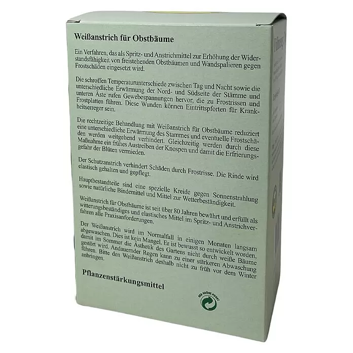 Schacht Pflanzenstärkungsmittel Weißanstrich - 1 kg - Hellgrüner Karton mit Weißanstrich für Obstbäume, bedruckt mit deutschem Text und dem Grünen Punkt Logo.