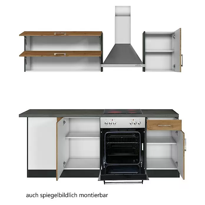 Held Möbel Winkelküche Barolo Typ 3 - B x T: 210 x 210 cm, Wotaneiche, Graphitgrau, Mit Elektrogeräten - Küchenzeile: Hängeschränke (Holzoptik), Dunstabzug, Unterschränke (Holzoptik/Weiß) mit integriertem Backofen, Kochfeld und grauer Arbeitsplatte. Offene Türen.