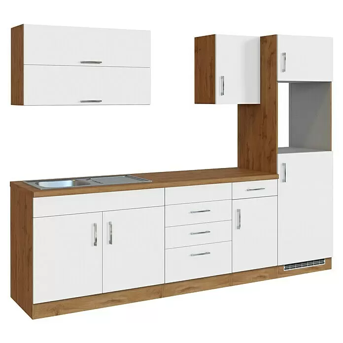 Held Möbel Küchenleerblock Barolo Typ 5 - Breite: 270 cm, Weiß, Ohne Elektrogeräte - Weiße und holzfarbene Küchenzeile mit Spüle, Schränken und Schubladen.