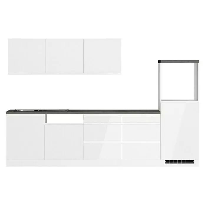 Held Möbel Küchenleerblock Treviso Typ 1 - Breite: 300 cm, Weiß, Dekor Arbeitsplatte: Betonoptik, Ohne Elektrogeräte, Für Side-by-Side Kühlschrank - Weiße minimalistische Küchenschränke mit grauer Arbeitsplatte, integriertem Induktionskochfeld und hohem Kühlschrank.