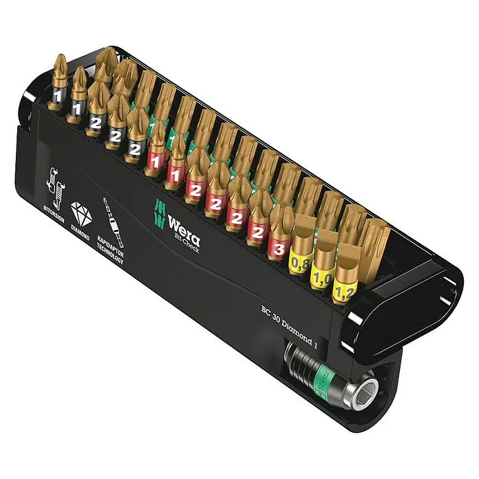 Wera Bit-Set Bit-Check 30 Diamond 1 - 29 -tlg. - Das Wera Bit-Check BC 30 Diamond 1 Set mit Bits und Bithalter für Schraubarbeiten.