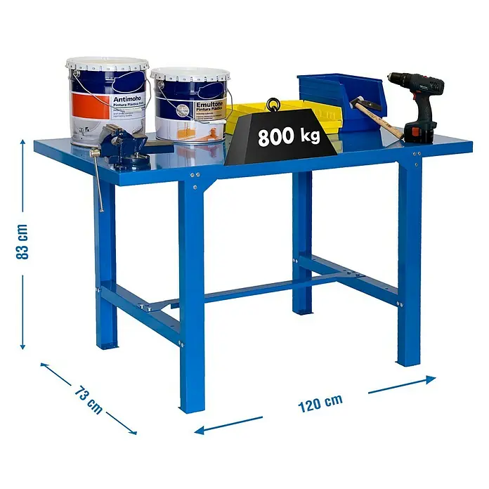 Simonrack Simonwork Banco de trabajo BT6 Metal - L x An: 73 x 120 cm, Altura de trabajo: 83 cm, Carga soportada: 600 kg, Azul - Un banco de trabajo azul con herramientas y medidas para la altura (83cm), profundidad (73cm) y ancho de la mesa (120cm).