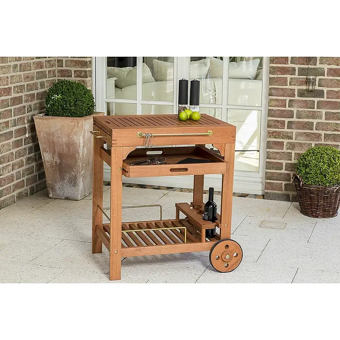 Promadino Servierwagen - 75 x 60 x 107 cm, Holzart: Eukalyptus - Ein rollender Servierwagen aus Holz mit Fächern und einer Arbeitsfläche, ideal für den Außenbereich.