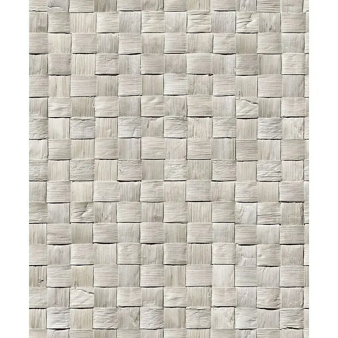 Marburg Struktura Vliestapete 3D-Geflecht - Grau, 3D-Optik, 10,05 x 0,53 m - Nahaufnahme von handgefertigtem, hellem Flechtwerk mit natürlicher Textur, das eine warme, rustikale Ästhetik vermittelt.