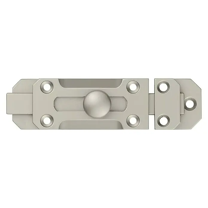 Abus Pestillo deslizante SRD70 - Puerta interior, Níquel - Un cerrojo deslizante de metal de color plateado que se encuentra sobre una superficie negra. La cerradura parece muy robusta, de un material fuerte.