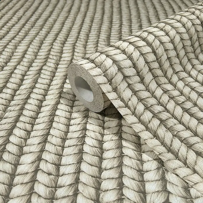 Marburg Struktura Vliestapete Holzgeflecht Textiloptik - Beige/Grau, Holzoptik, 10,05 x 0,53 m - Nahaufnahme einer Rolle Tapete mit Strickmuster, die Textur und Design hervorhebt.