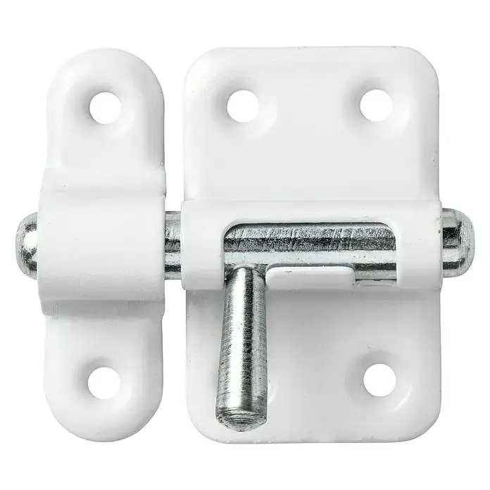 Abus Pestillo deslizante SRR25 - Puerta interior, Blanco - Primer plano de un cerrojo de cañón blanco con un perno y mango de color plateado, asegurado contra un fondo negro.