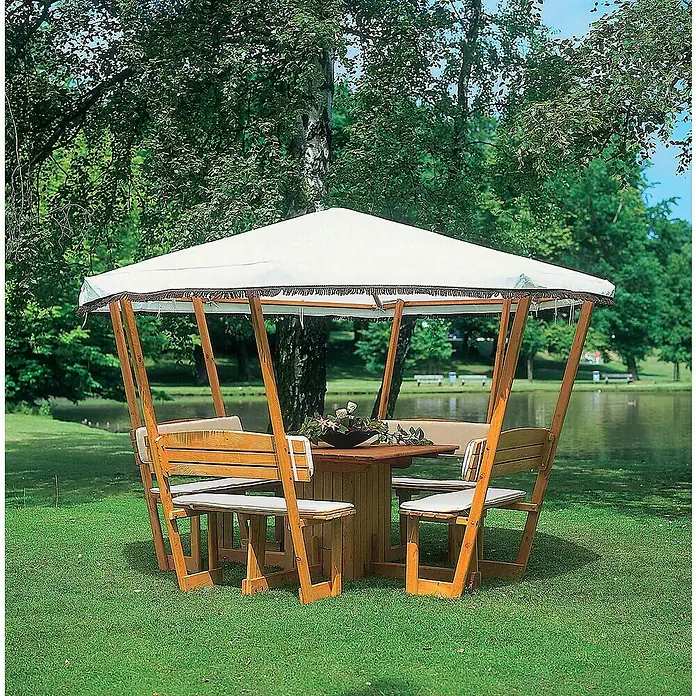 Promadino Standard-Pavillon - L x B: 304 x 304 cm, Weiß - Eine hölzerne Gartengarnitur mit Überdachung auf einer grünen Wiese.
